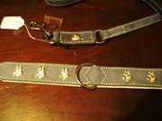 German Shepherd collar & lead - pale blue leather  gsd metal heads