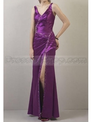 Sheath/Column Sling Package Hip Purple Beading Ruched V-Neck