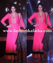 Zarine Khan Floor Length Pink Anarkali @ Fashion Show