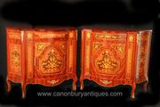Pair French Empire Cabinets Chests Marquetry Inlay