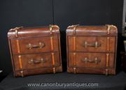 Pair English Leather Bedside Chests Steamer Trunk Cabinets Nightstands