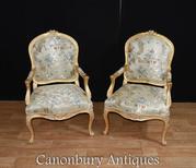 Pair French Louis XVI Gilt Arm Chairs Fauteuils