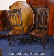 Pair Oak Gothic Arm Chairs Farmhouse Furniture