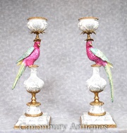 Pair French Porcelain Tropical Parrot Candles Candelabras