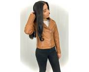 Ladies Leather Luxe Quilted Biker Jacket Tan